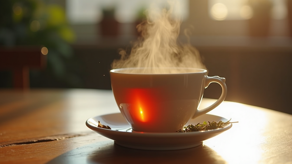 Close-up view of a steaming cup of herbal tea on a wooden table