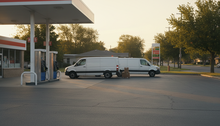 Wide-angle view of a small row of service vans parked near a fuel pump at sunrise.