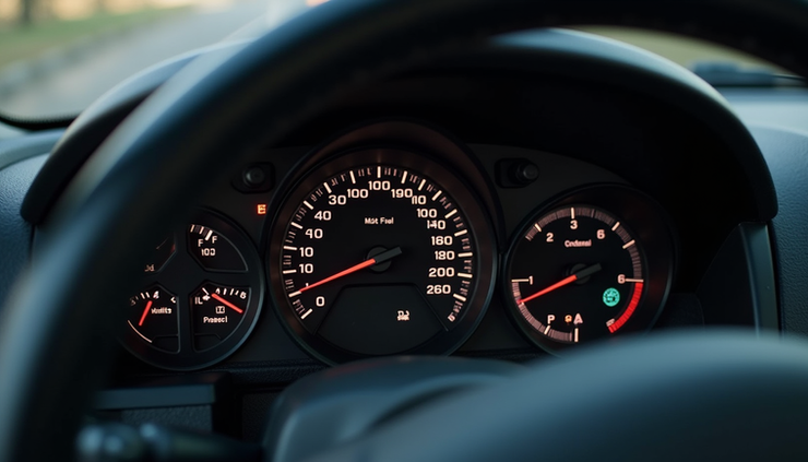 Eye-level view of a car dashboard showing fuel gauge and speedometer