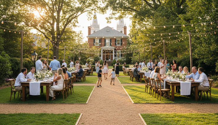 Wide-angle view of a backyard outdoor celebration with tables, string lights, and a clear guest pathway.
