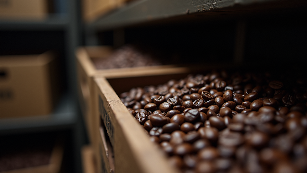 Eye-level view of coffee beans stored in a dark pantry