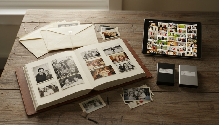 Overhead view of a family photo album, a tablet, and two labeled backup drives on a table.