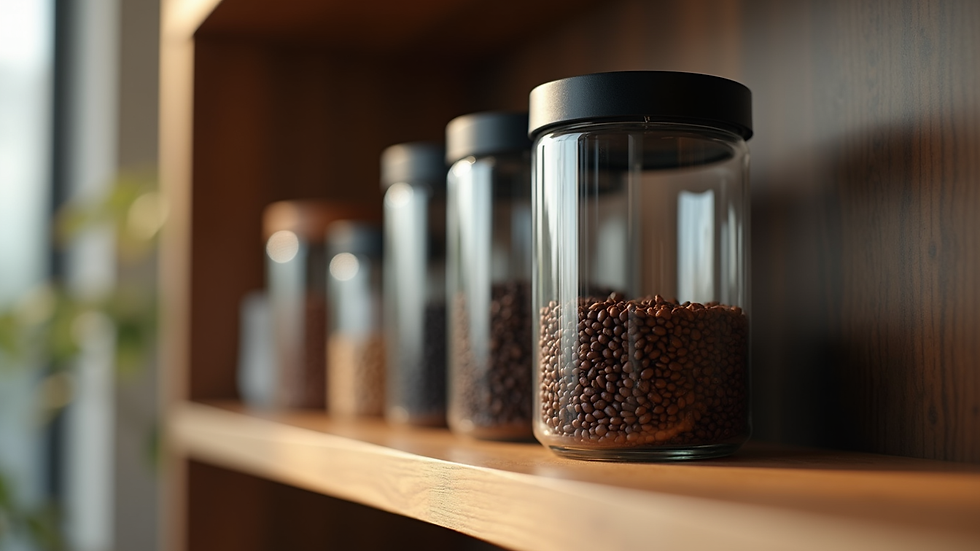 Close-up view of airtight coffee storage container on wooden shelf