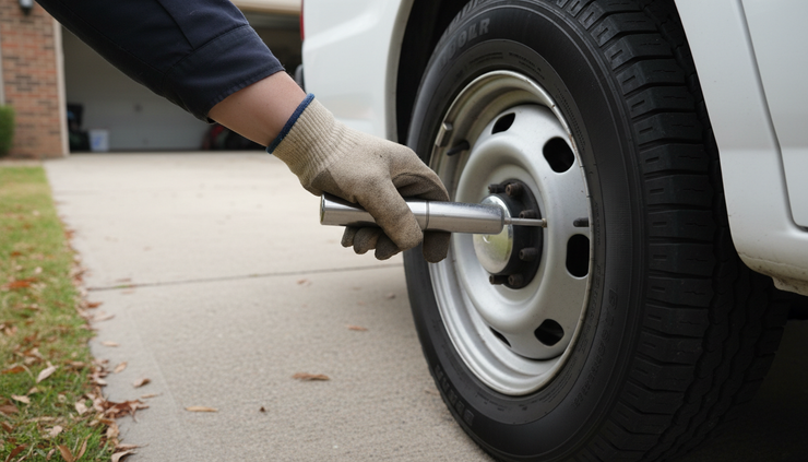 Close-up view of a technician checking tire pressure on a white work van in a driveway.
