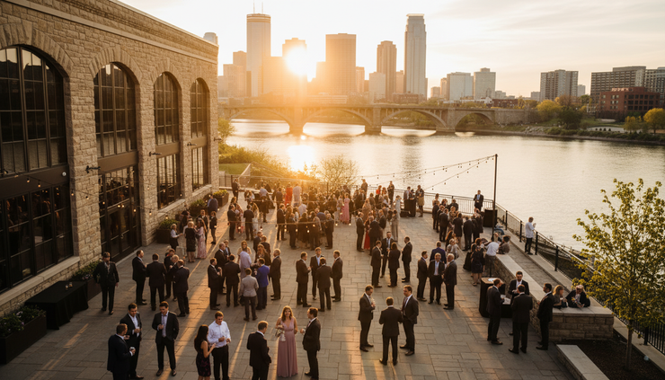 Wide-angle view of a riverfront wedding venue in Minneapolis at golden hour.