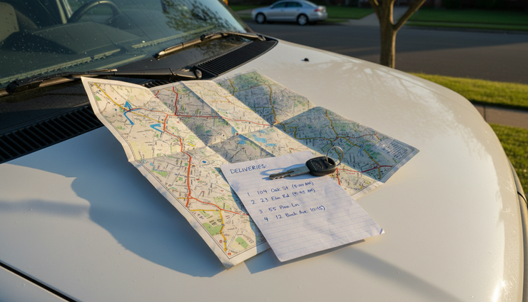 Overhead view of a paper route map beside a van key and handwritten stop list on a vehicle hood.