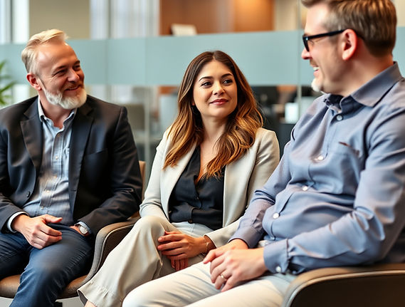 Three adults (two males and a female) sitting down talking in an office.jpg