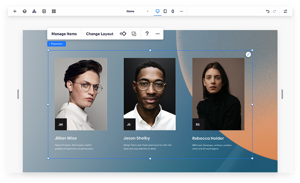 Repeater on Editor X with 3 items in a row, displaying a team with photos and images.