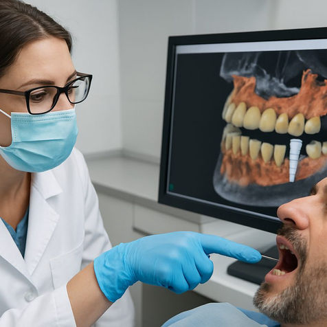 A dentist is examining a patient's mouth, pointing to where a dental implant could be placed. The dentist is using a 3D scan to plan the "teeth implant procedure". No text on the image.