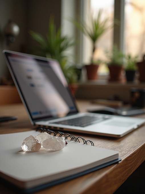 environmental shot online workshop setup laptop crystals notebook warm home setting natura