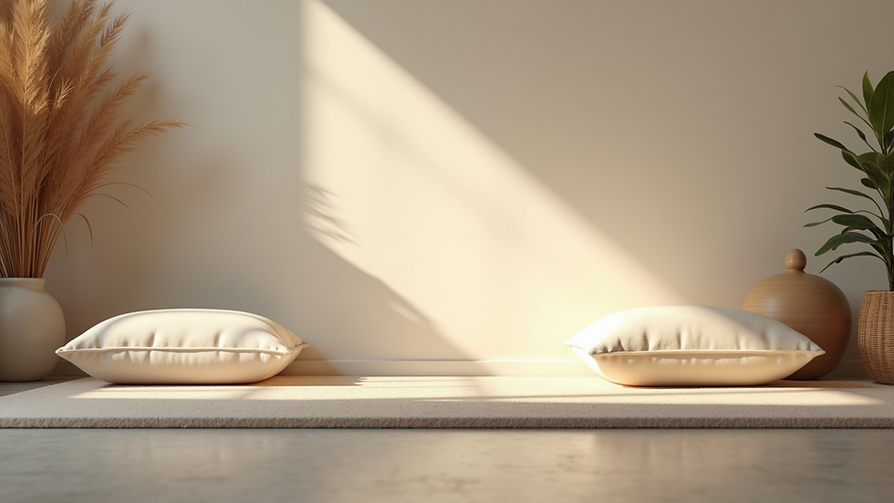Eye-level view of a tranquil meditation space with soft cushions and natural light