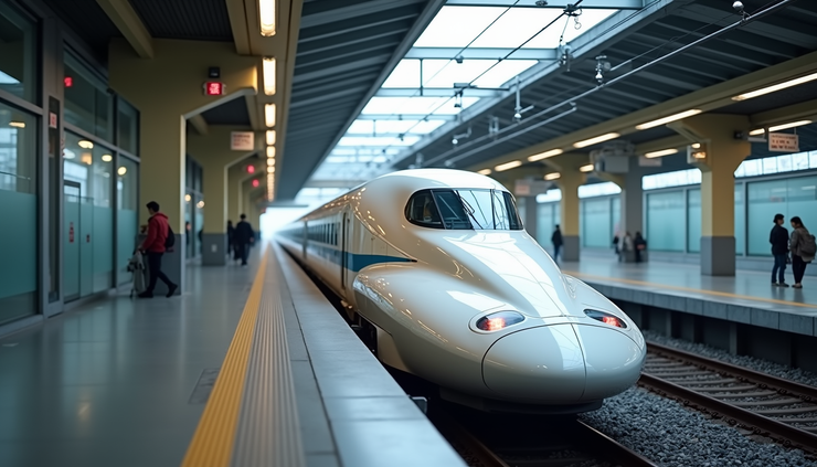 Vista a livello degli occhi di un treno Shinkansen in una stazione moderna
