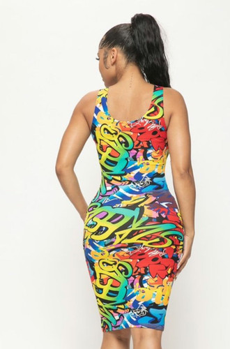 graffiti bodycon dress Graffiti Happy Emoji Pattern Print Sleeveless Bodycon Dress