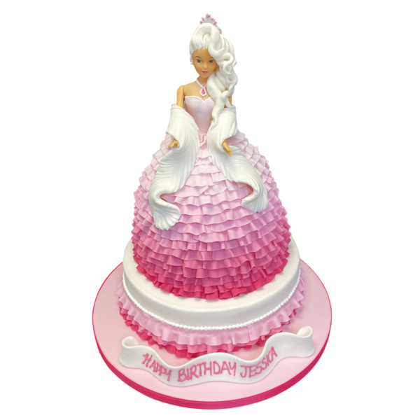 A stunning Barbie princess doll cake with ruffle detailing on a 10-inch round base, perfect for a magical celebration fit for a princess in UK.