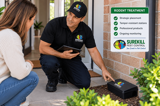 Surekill Pest Control technician positioning a secure rodent bait station around a home