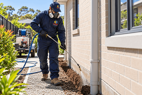 Surekill Pest Control technician applying a termite prevention treatment around a home
