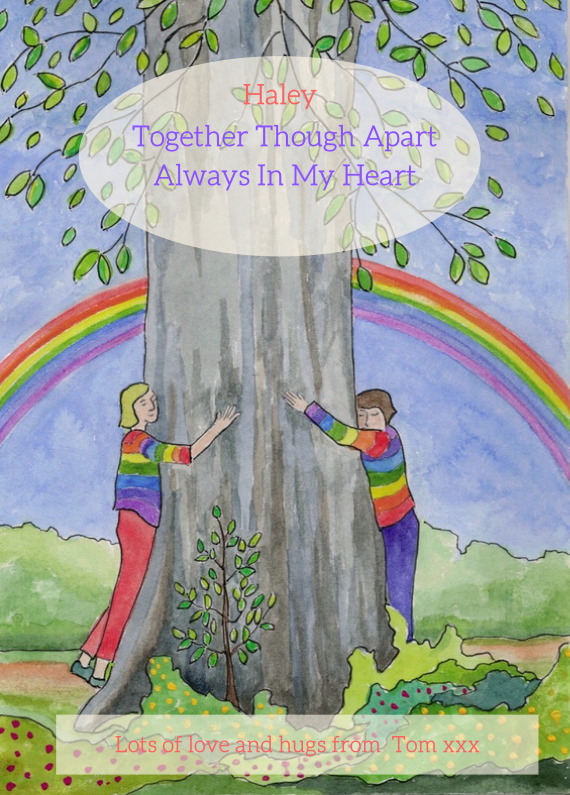 tree planting ecard of people hugging a tree with a rainbow of hope