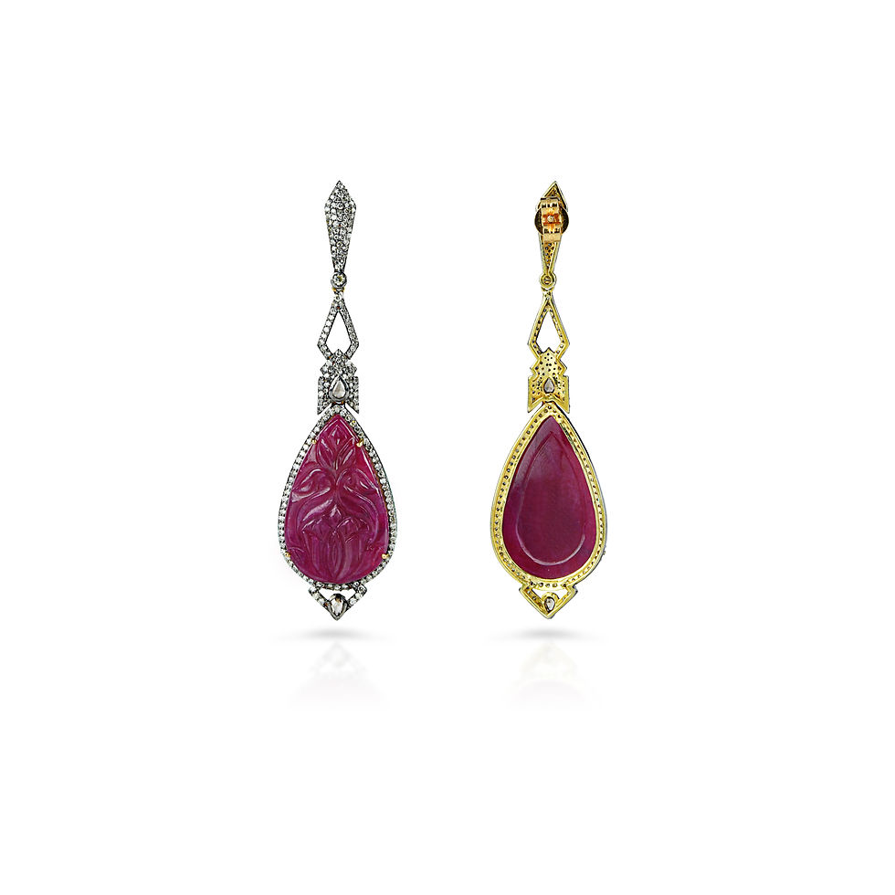 Thumbnail: art deco carved ruby diamond drop earrings