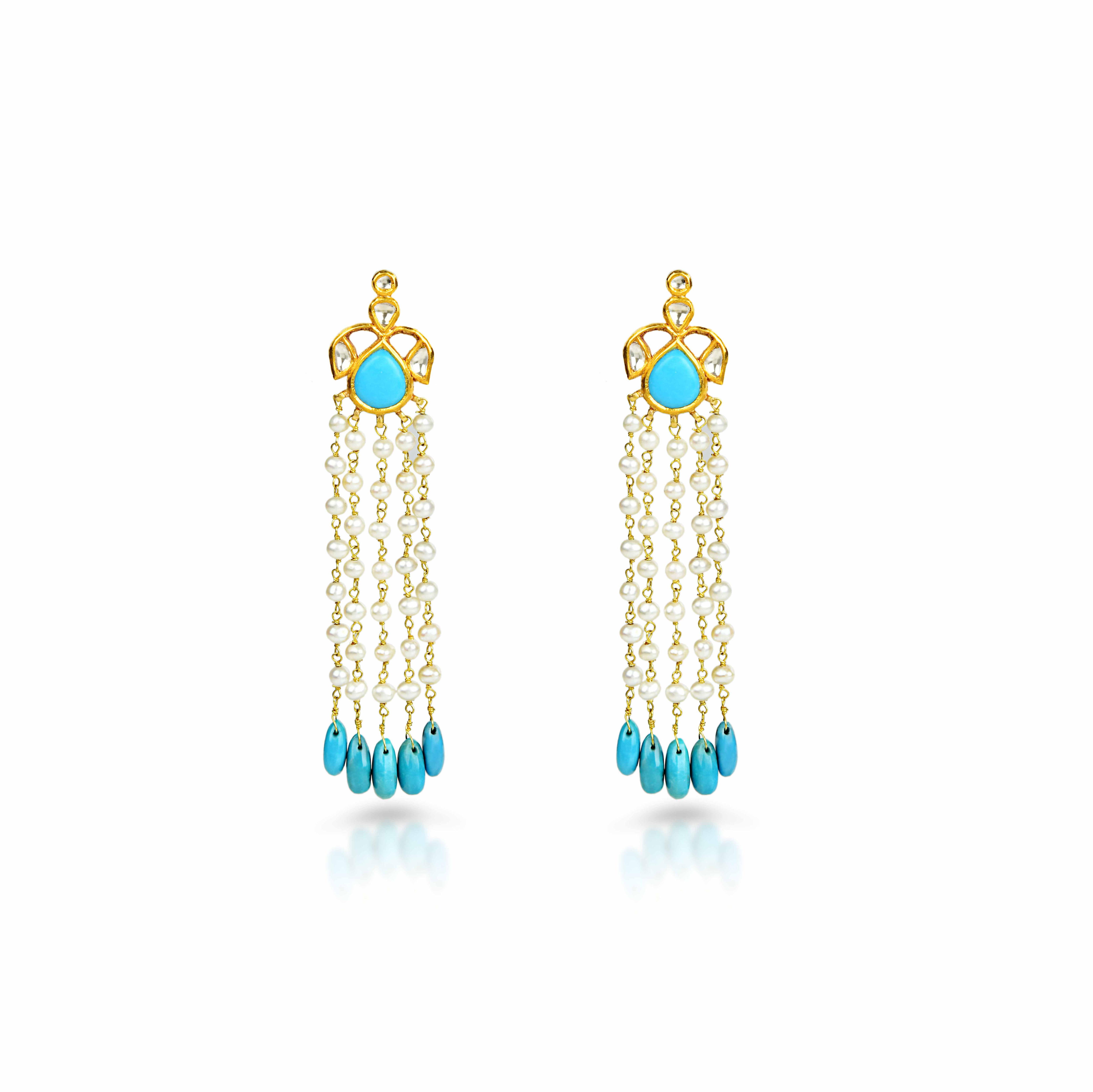 turquoise diamond pearl tassel earrings gold