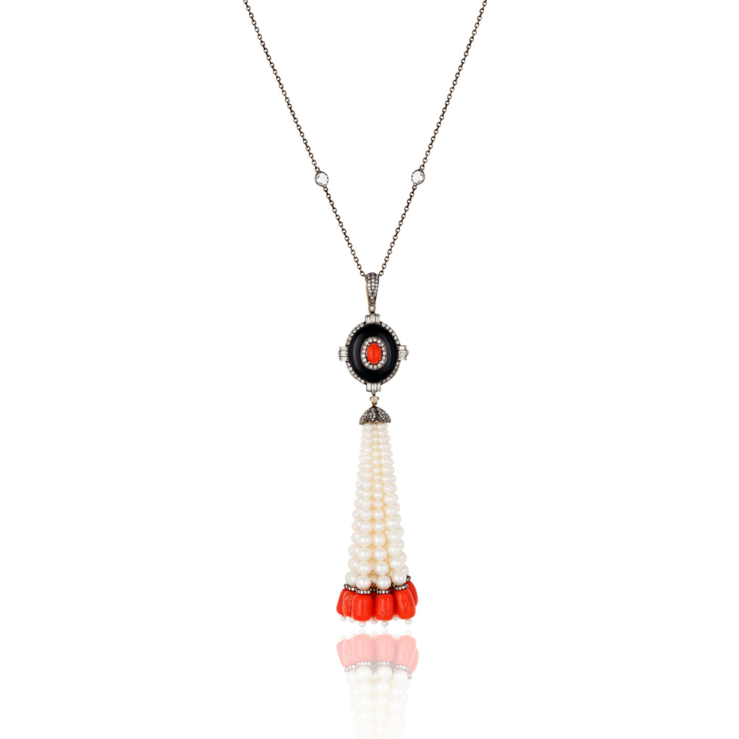 art deco tassel necklace diamonds coral pearls onyx