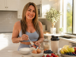 woman over 40 making high protein meal