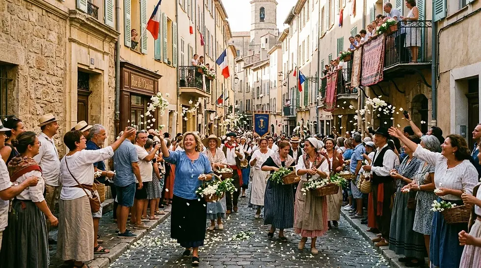 Défilé de rue à Grasse ensoleillée, foule lançant du jasmin, façades historiques.