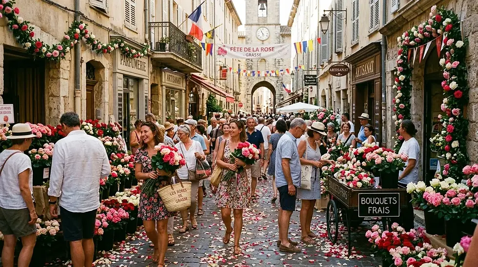 Festival de rue à Grasse, visiteurs, bouquets et pétales de roses au soleil, ExpoRose