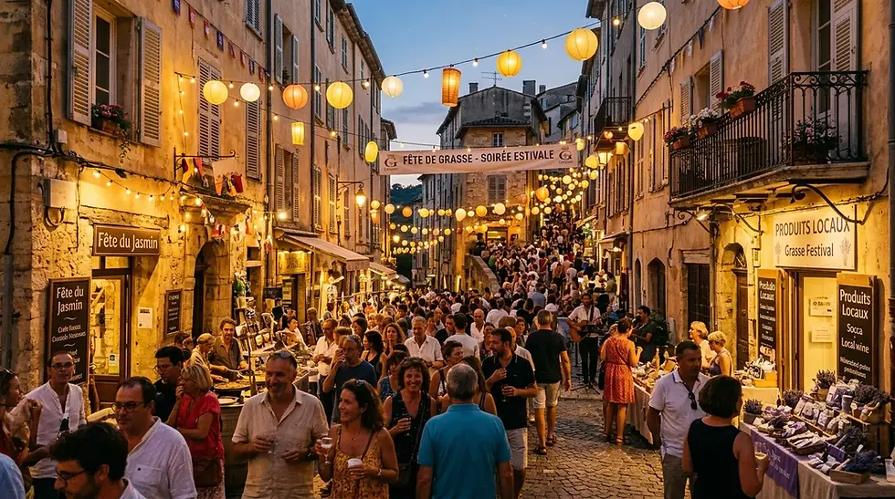 Festival nocturne à Grasse, lanternes et foule dans ruelles provençales, agenda 2026.