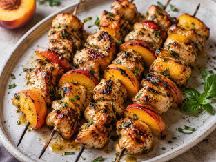 Grilled chicken and peach skewers on a white plate, sprinkled with herbs, with a peach half in the background.