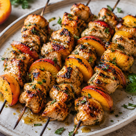 Peach and chicken pieces on skewers on a white plate on the counter