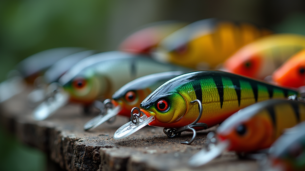 Close-up view of various fishing lures