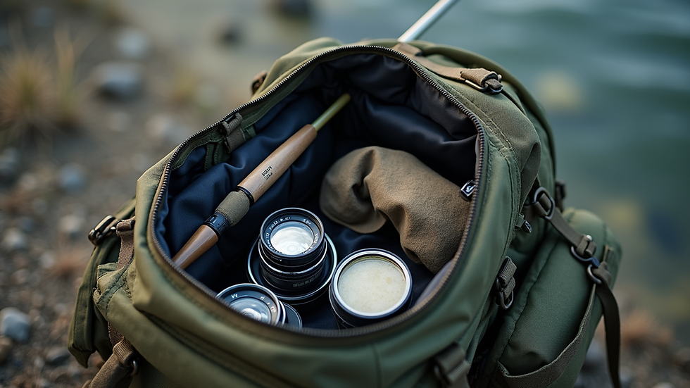 High angle view of fishing gear packed neatly in a backpack ready for a trip