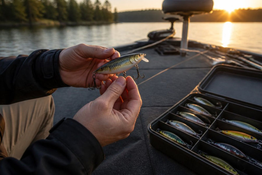 Close-up of an angler's hands holding a premium Japanese-made bass lure next to an open tackle box filled with hard baits on the deck of a bass boat at sunrise