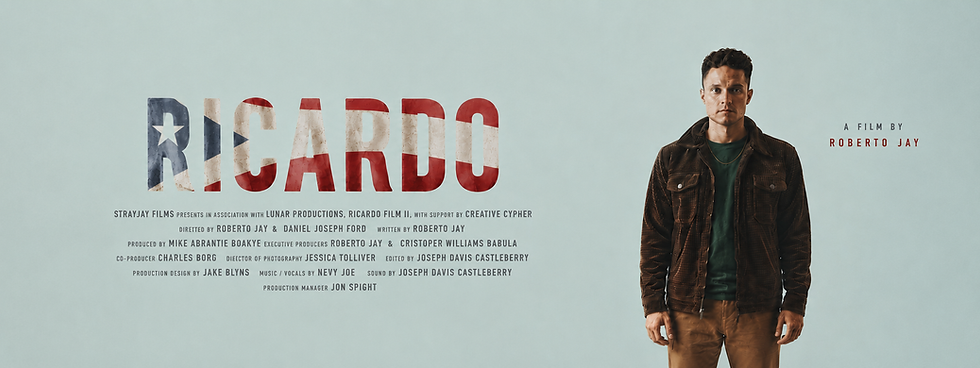 Ricardo film poster featuring the title in Puerto Rican flag colors and Ricardo standing against a light background.