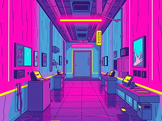 a liminal space; magenta and cyan, with yellow details; late 90s_early 2000s vibes; cyberp