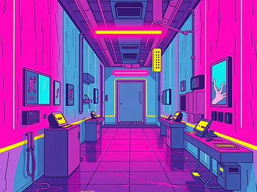 a liminal space; magenta and cyan, with yellow details; late 90s_early 2000s vibes; cyberp