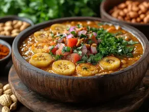 Recette de mon pays : Matoke ougandais (bananes plantain vapeur avec sauce).