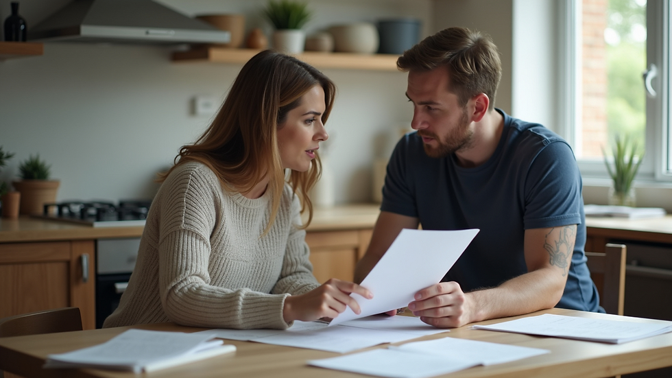 Close-up view of a couple discussing documents at a kitchen table