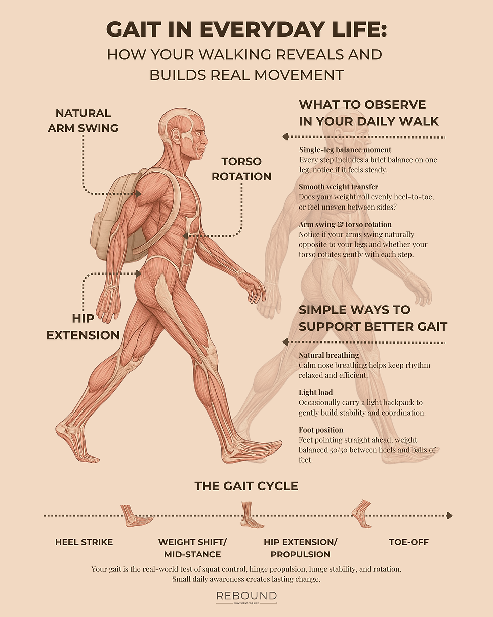 Infographic showing gait in everyday life: what to observe in your daily walk and simple ways to support better gait from Rebound Movement