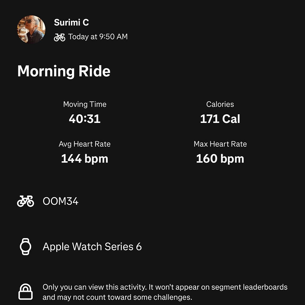 Screenshot of a cycling workout summary by Surimi. Shows a 40-minute indoor ride with an average heart rate of 144 bpm and a max heart rate of 160 bpm, recorded on an Apple Watch Series 6.