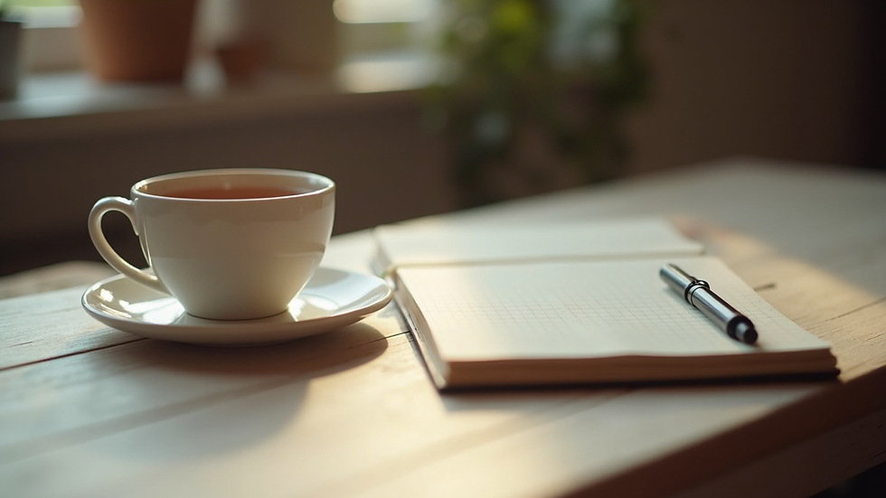 Eye-level view of a cozy workspace with a journal and a cup of tea