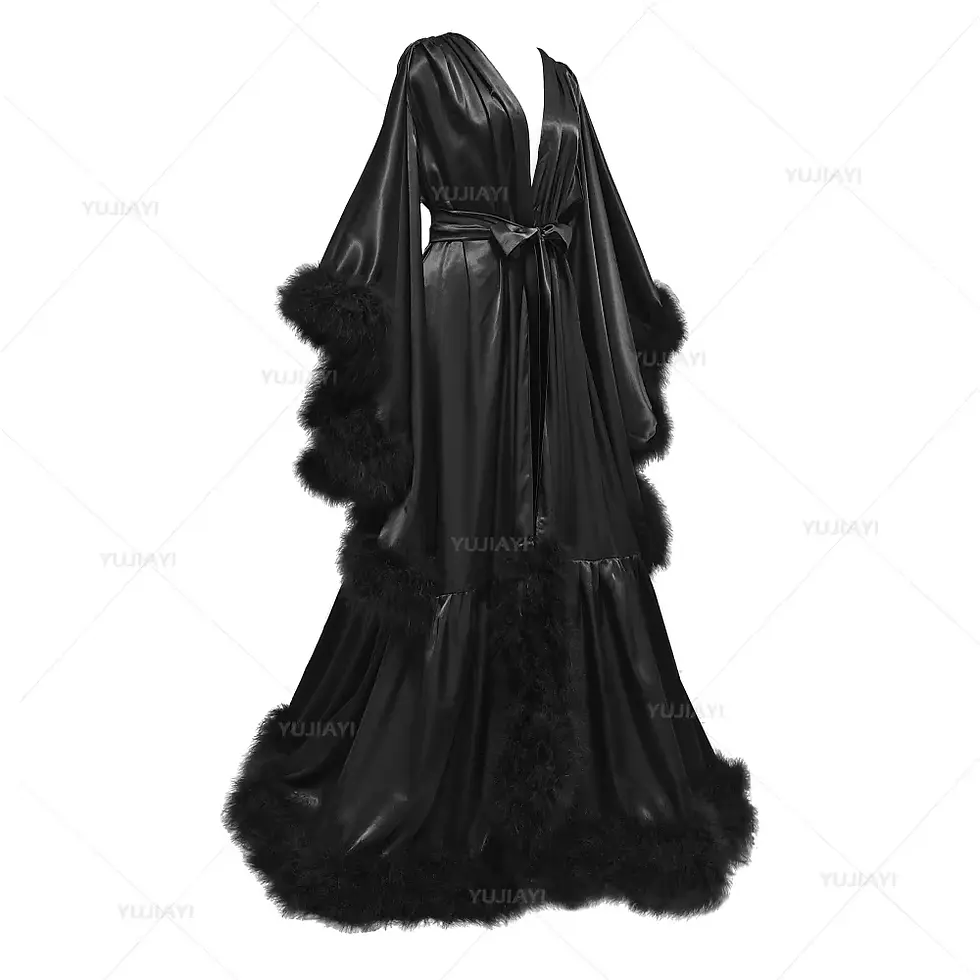 Thumbnail: Ladies Luxury Robe Flare Sleeves Feather Bridal Robe Silk Satin Boudoir Lingerie