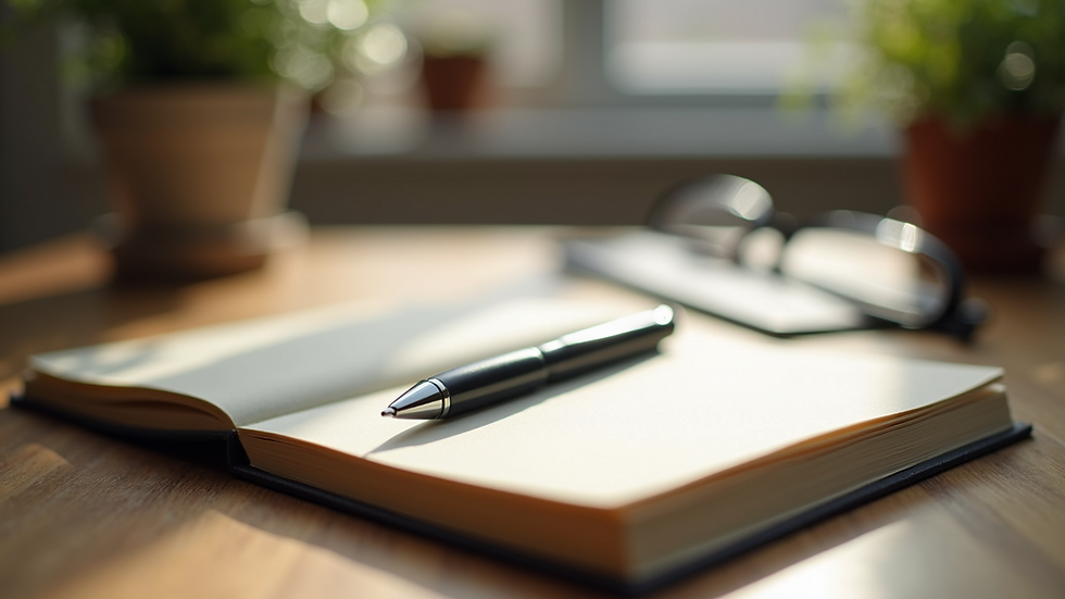 Close-up view of a journal and pen on a wooden table with soft natural light