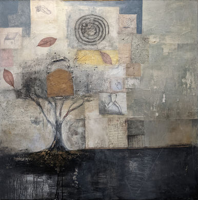 mixed media painting of tree with landscape and collage