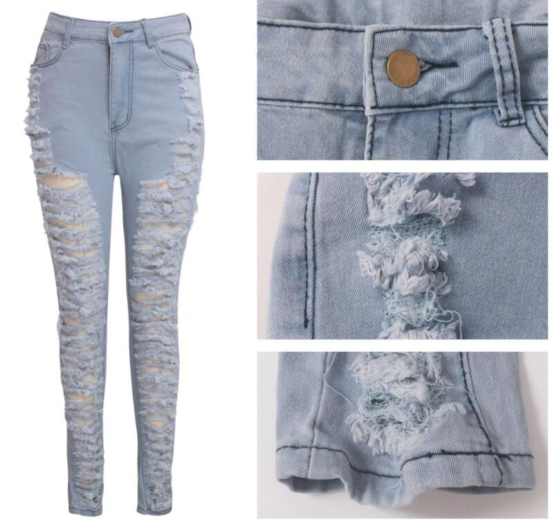 Thumbnail: New Stretch Skinny Plus Size High Waist Washed Ripped Jeans Women's