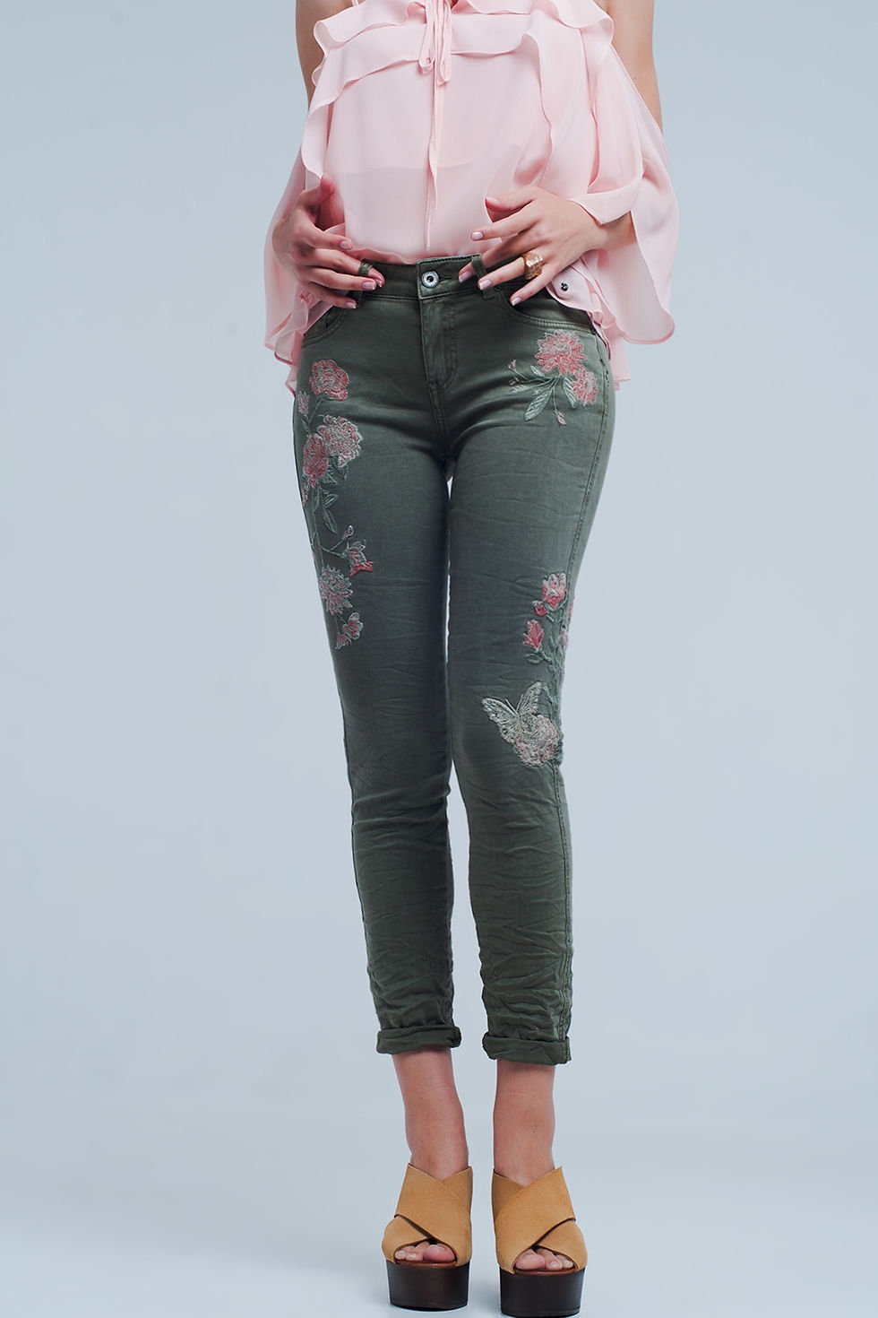 Thumbnail: Khaki Jeans With Embroidered Flower