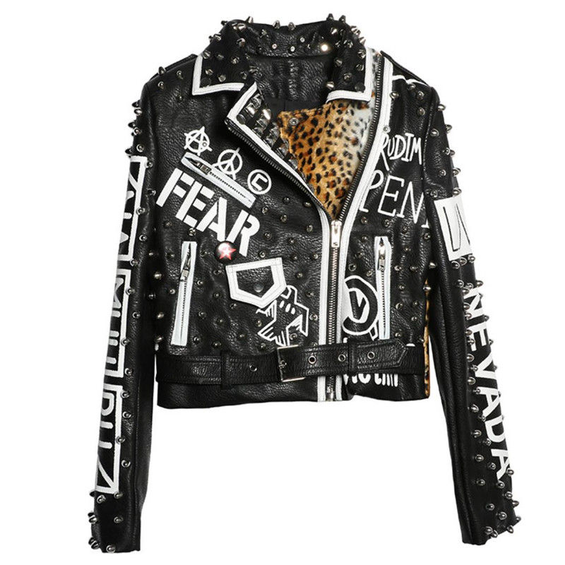 Thumbnail: Graffiti-Rivet Leopard Print Splicing Cropped Motorcycle Leather Jacket