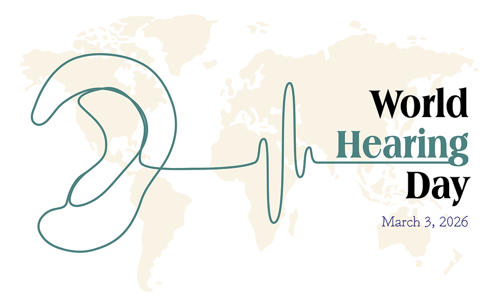 World Hearing Day graphic with a line drawing of an ear forming a soundwave across a world map, March 3, 2026.