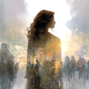 A calm women in a chaotic city space.