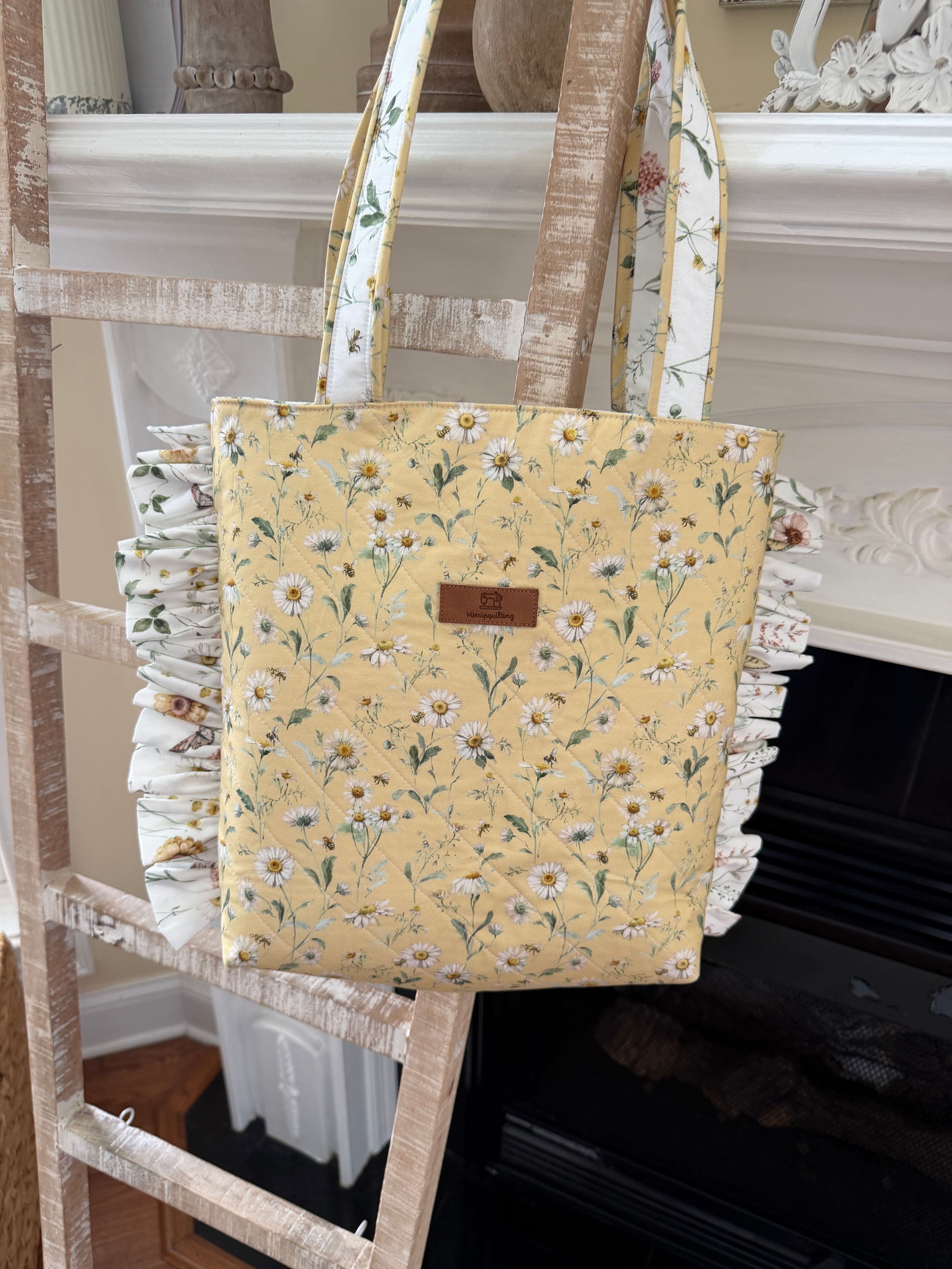 Yellow Floral Quilted Ruffle Tote Bag